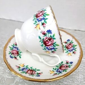 VTG Royal Malvern Bone China Teacup and Saucer England White Golden Rim Red Rose